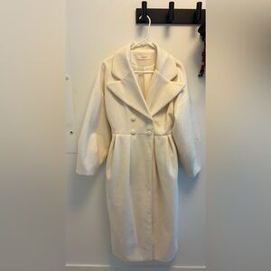 Commense Cream Double-Breasted Trench Coat with Textured Wool Blend